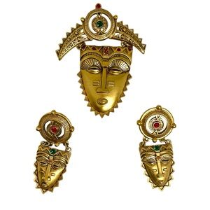 Avon Tribal Mask Brooch & Earrings